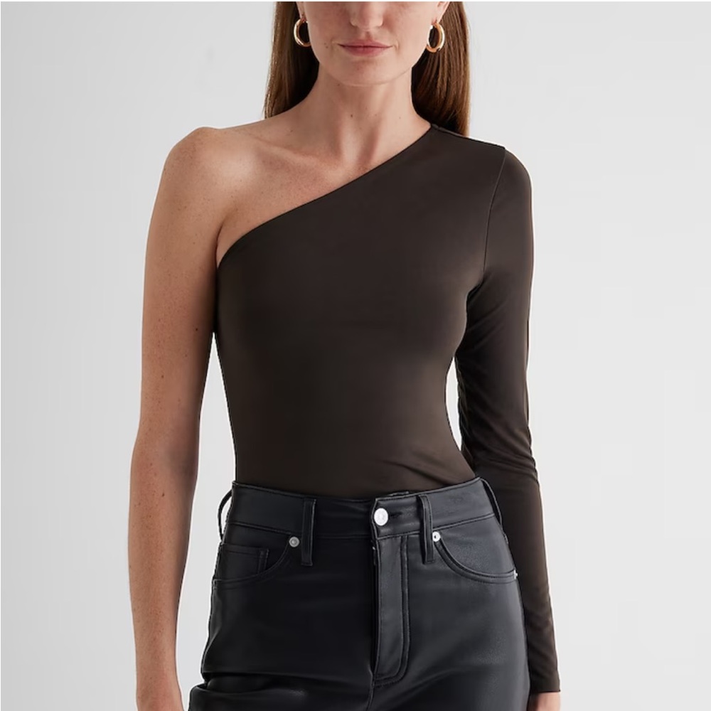 Express Body Contour Compression One Shoulder Long Sleeve Bodysuit Brown- XS NWT